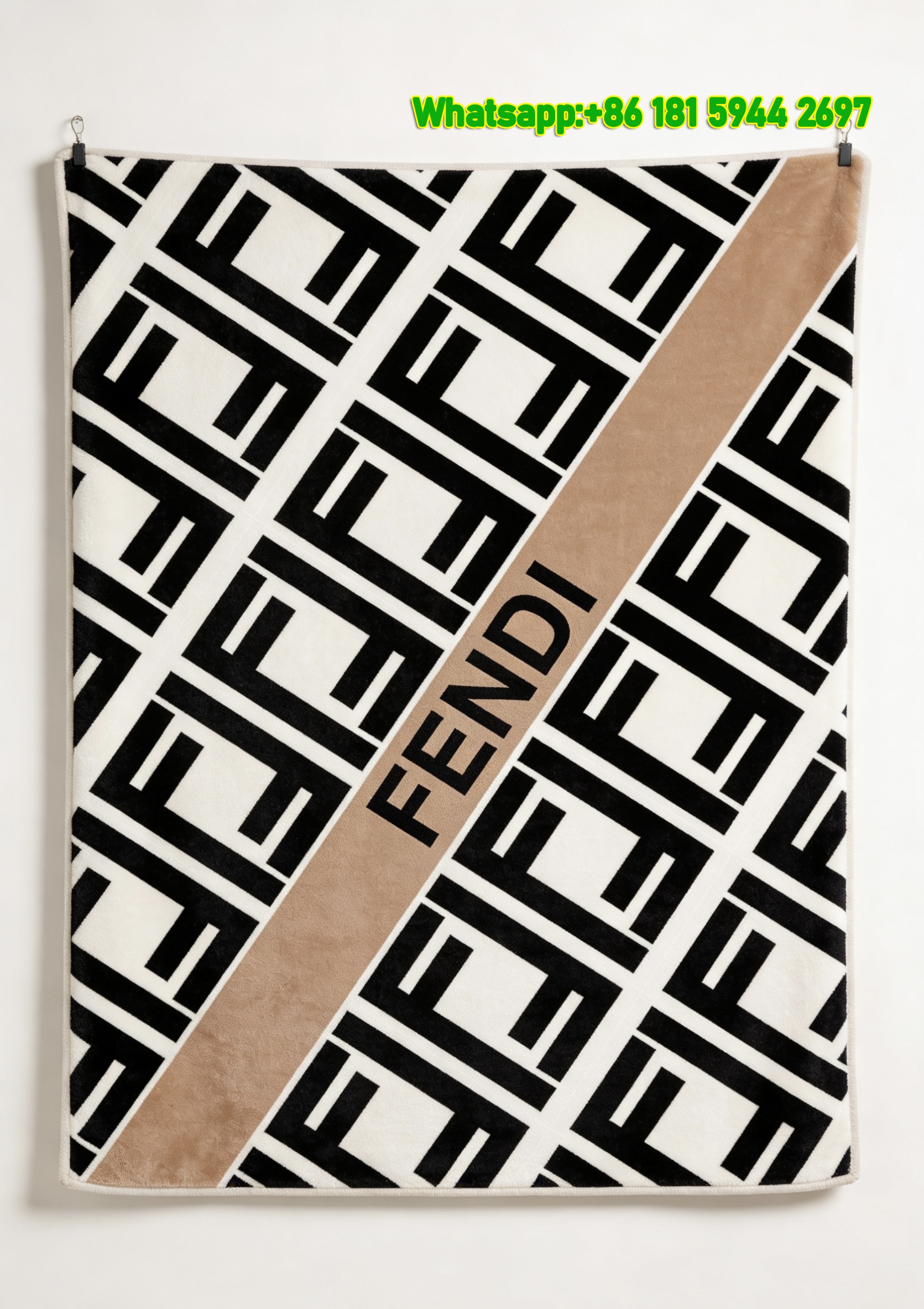 Cream White & Black Fendi Logo Print Flannel Throw Blanket Beige Accent IMG_9327